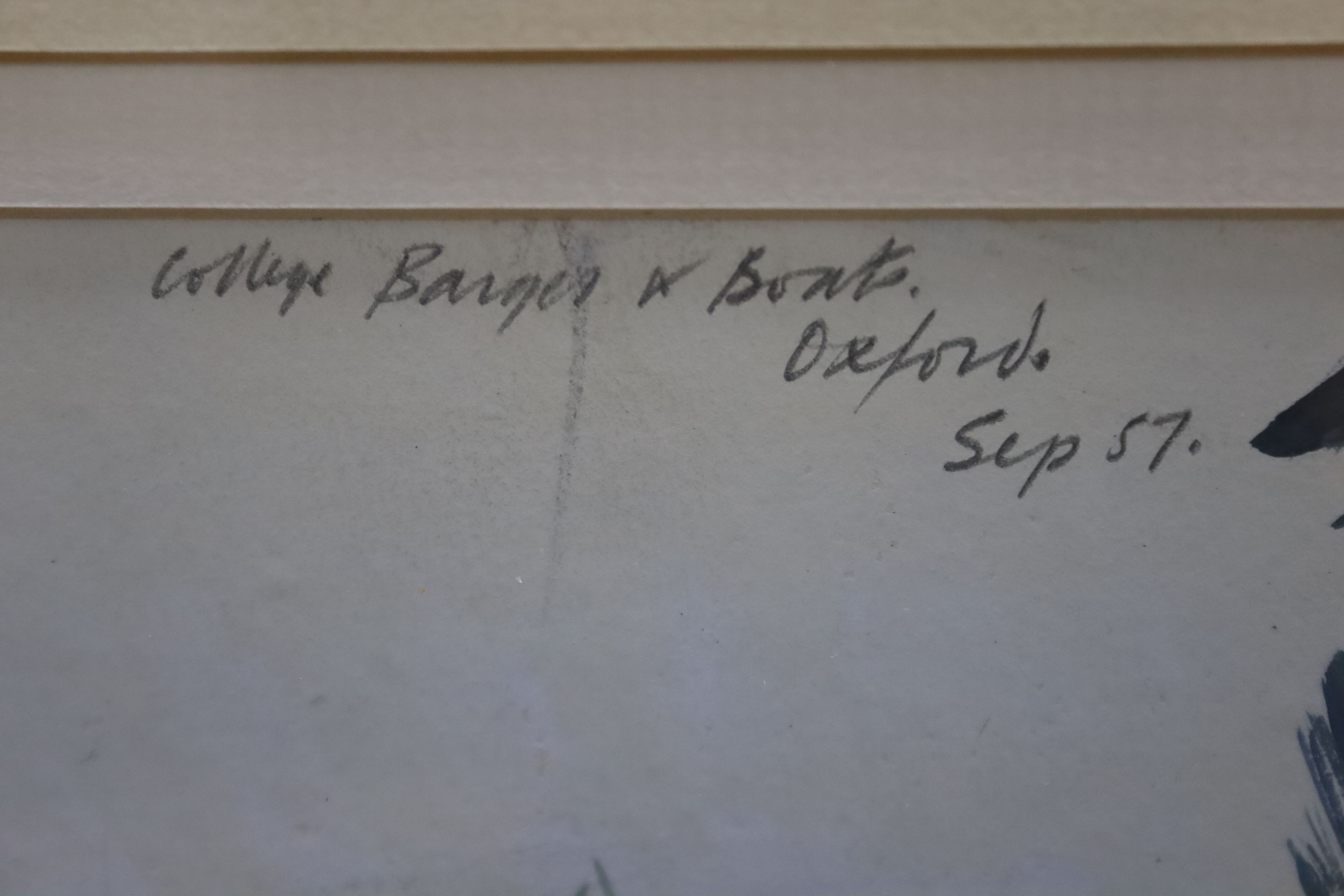 Robert Pell, watercolour and gouache, College of barges and boats October 57, inscribed verso with original Bear Lane Gallery bill of sale, 22 x 30cm